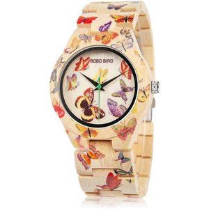 Women's Bamboo Watch Butterfly Engraved Handmade Wooden Casual Watches